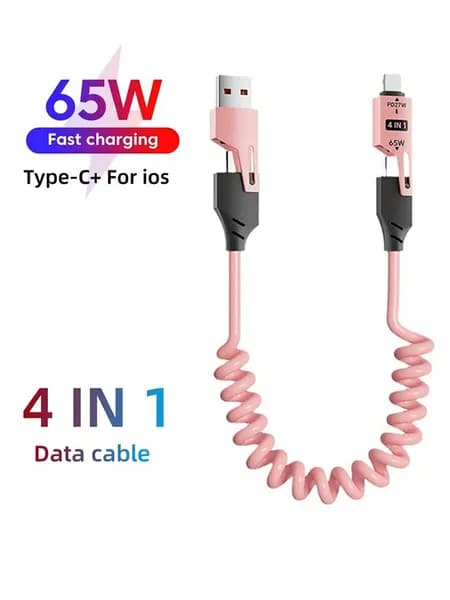 4in1 Кабель для быстрой зарядки TYPEC 65W с двойным наконечником, пружинный, автомобильный PD27W выдвижной кабель