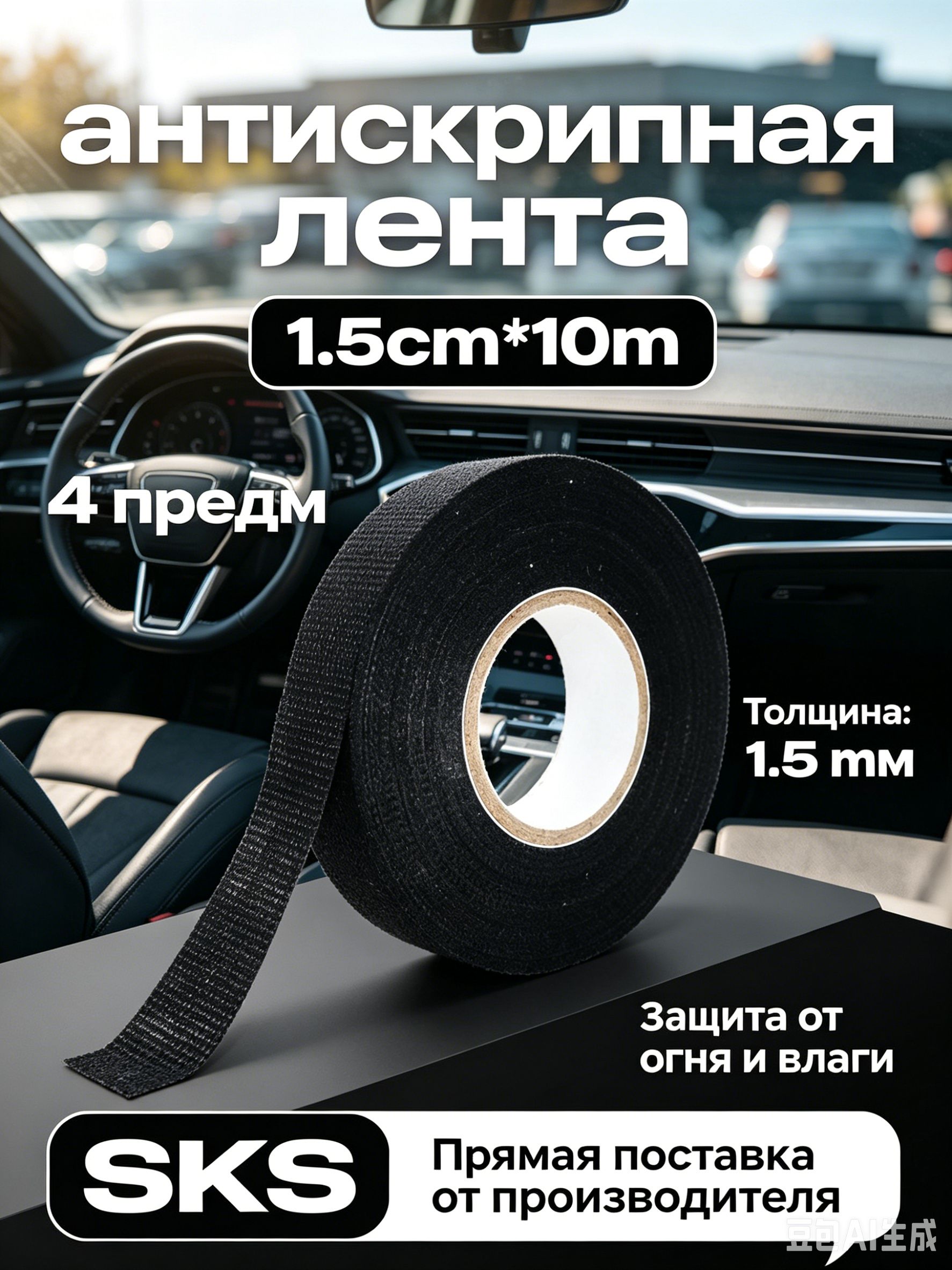 Антискрип автомобильный, 10 м, толщина: 1.5 мм, 4 шт.