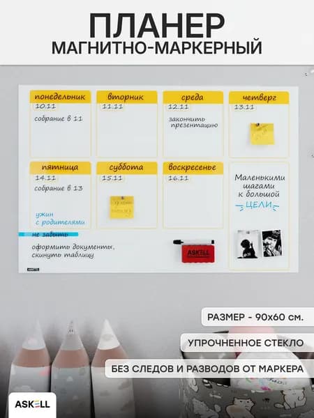 Маркерный планер с магнитами настенный, из закаленного стекла, доска планинг для списка дел, 90 х60 см, цвет белый с желтым и голубым