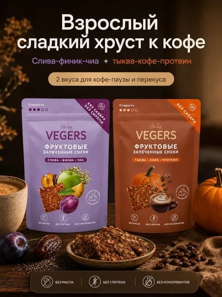 Фруктовые запеченные снеки Daily VEGERS без глютена, без сахара, набор 2 уп.