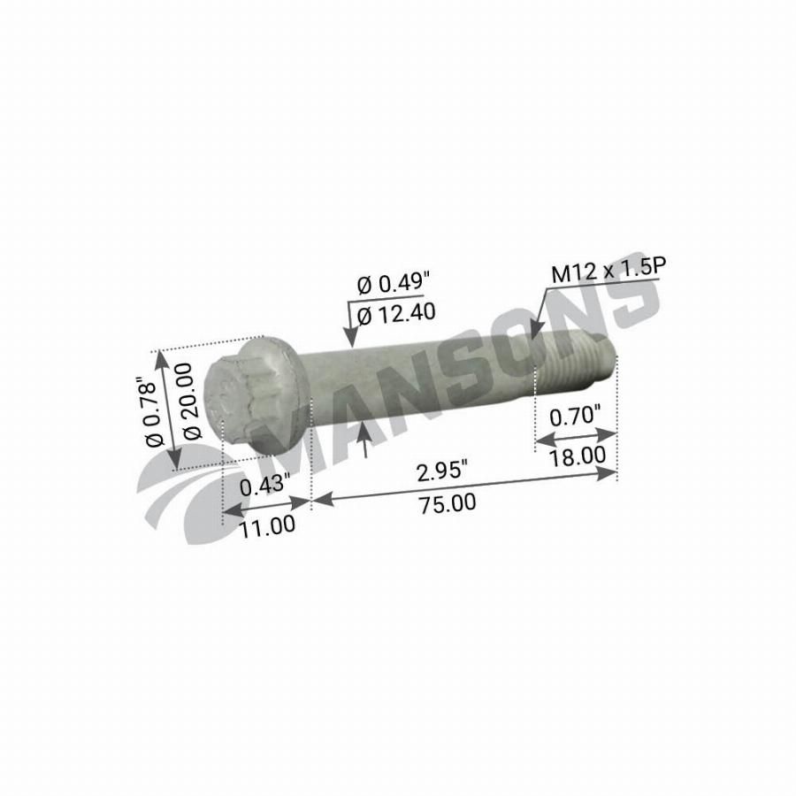 Болт крепления тормозного диска M12*1.5*75 SAF (Mansons)