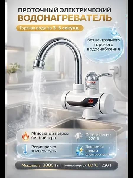 Проточный электрический водонагреватель-кран для кухни,ванны