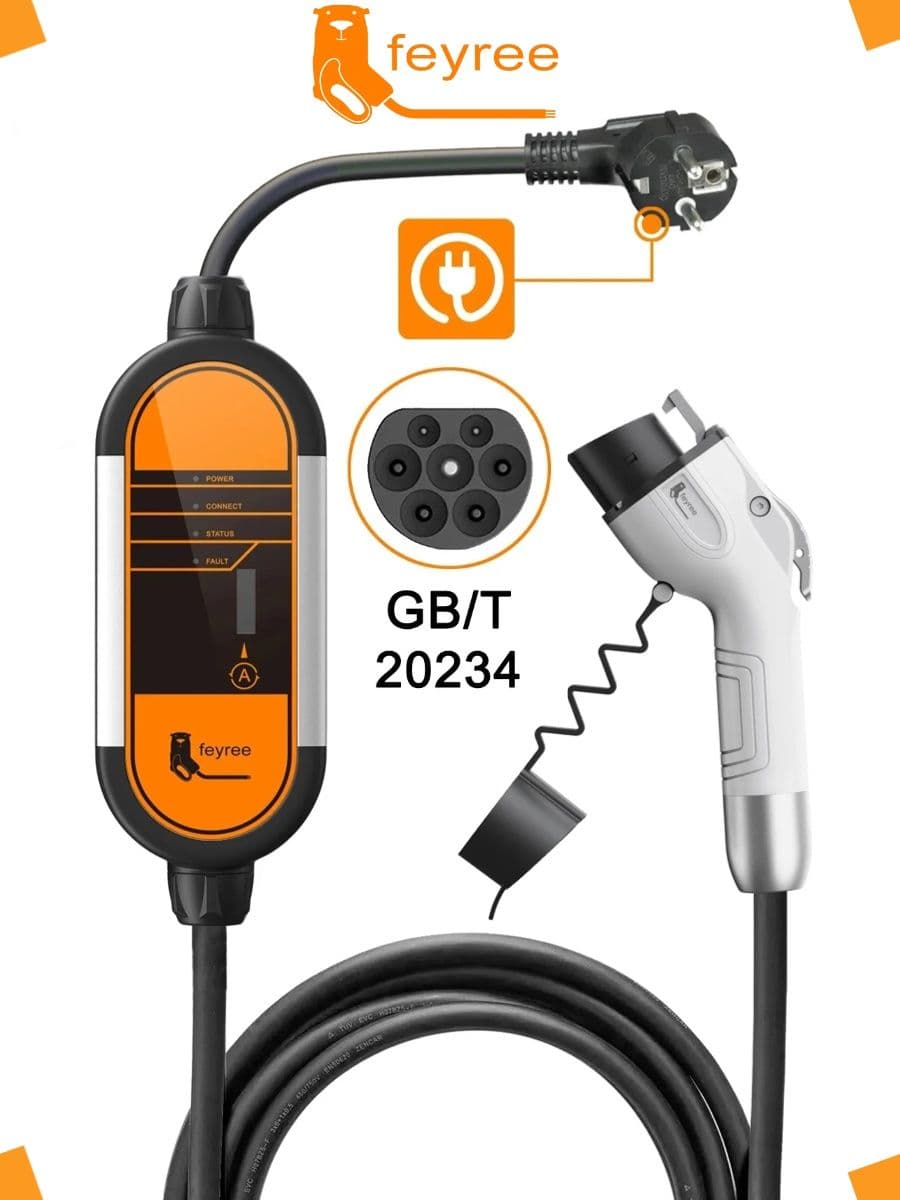Портативная зарядная станция Feyree Schuko-GBT от сети 230В 3,5 кВт 16А 5м зарядный кабель для электромобиля