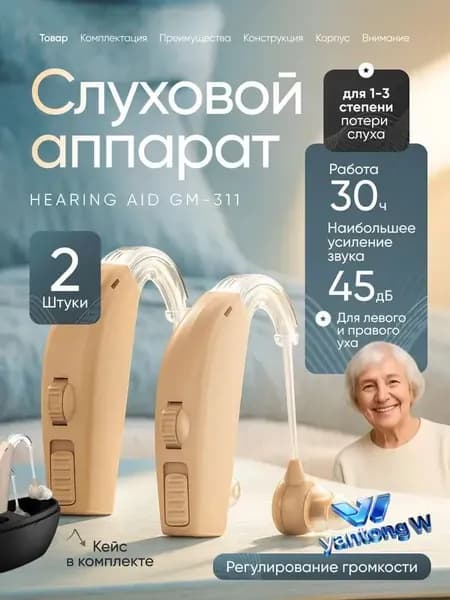 Слуховой аппарат заушный Hearing Aid GM-311 для слабослышащих, пожилых с зарядным устройством 2шт. в удобном кейсе, сменные насадки с кабелем для зарядки в комплекте / Усилитель слуха