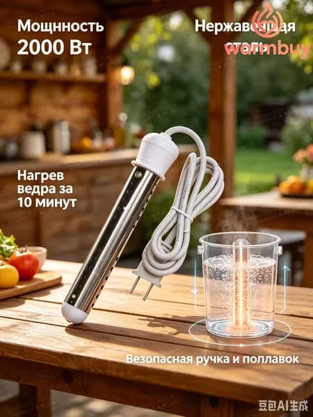 Кипятильник электрический погружной 2000 Вт для быстрого нагрева воды, мощный водонагреватель спиральный для ведра, бочки и ванны, нержавеющая сталь