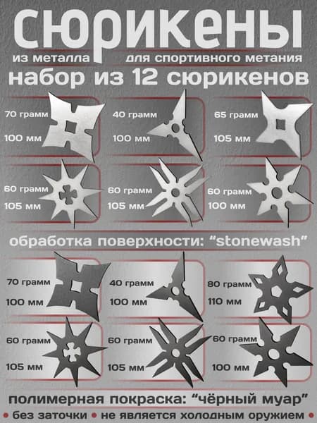 Сюрикены тренировочные металлические. Набор из 12 штук.