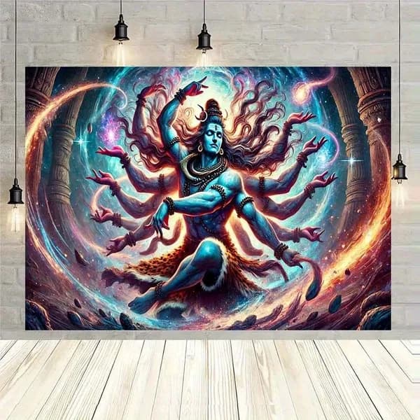 200*150cm Баннер с индийской мифологией танца Шивы, 2D плоская печать, полиэстер, космический фон в синих и фиолетовых тонах, для декора дома, студий, вечеринок, праздничных мероприятий.