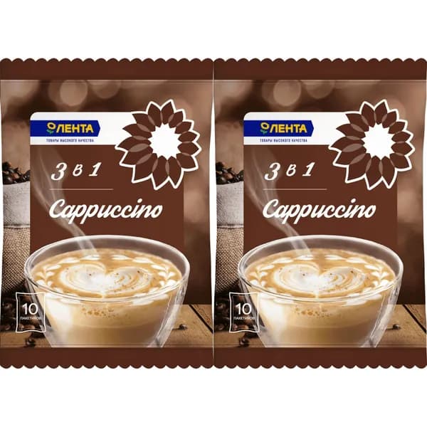 Кофейный напиток Лента Cappuccino 3 в 1 растворимый 180 г, набор: 2 штуки
