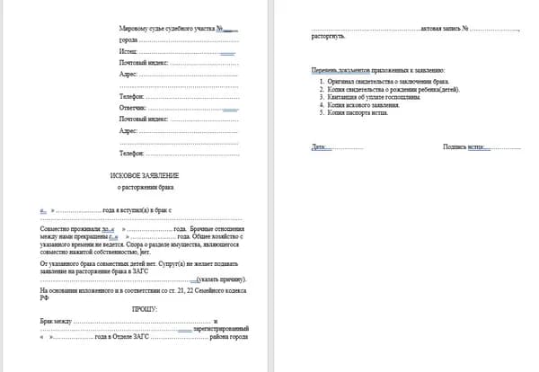 Бланк искового заявления в мировой суд о расторжении брака (без детей и раздела имущества). Применим к любому региону