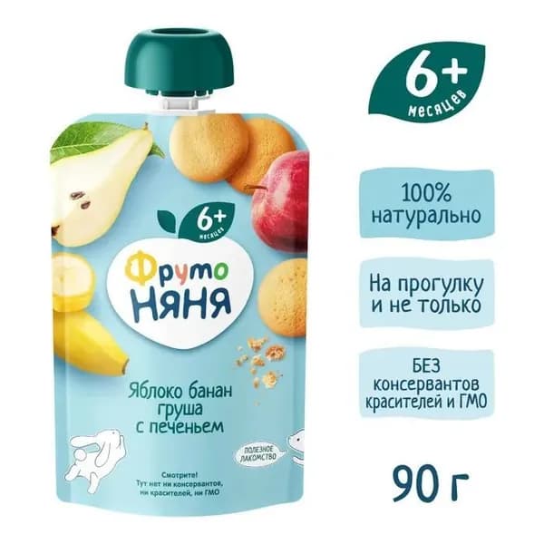 Пюре ФрутоНяня из яблок с бананом, грушей и печеньем (43000243) с 6 месяцев 90 г * 12 шт