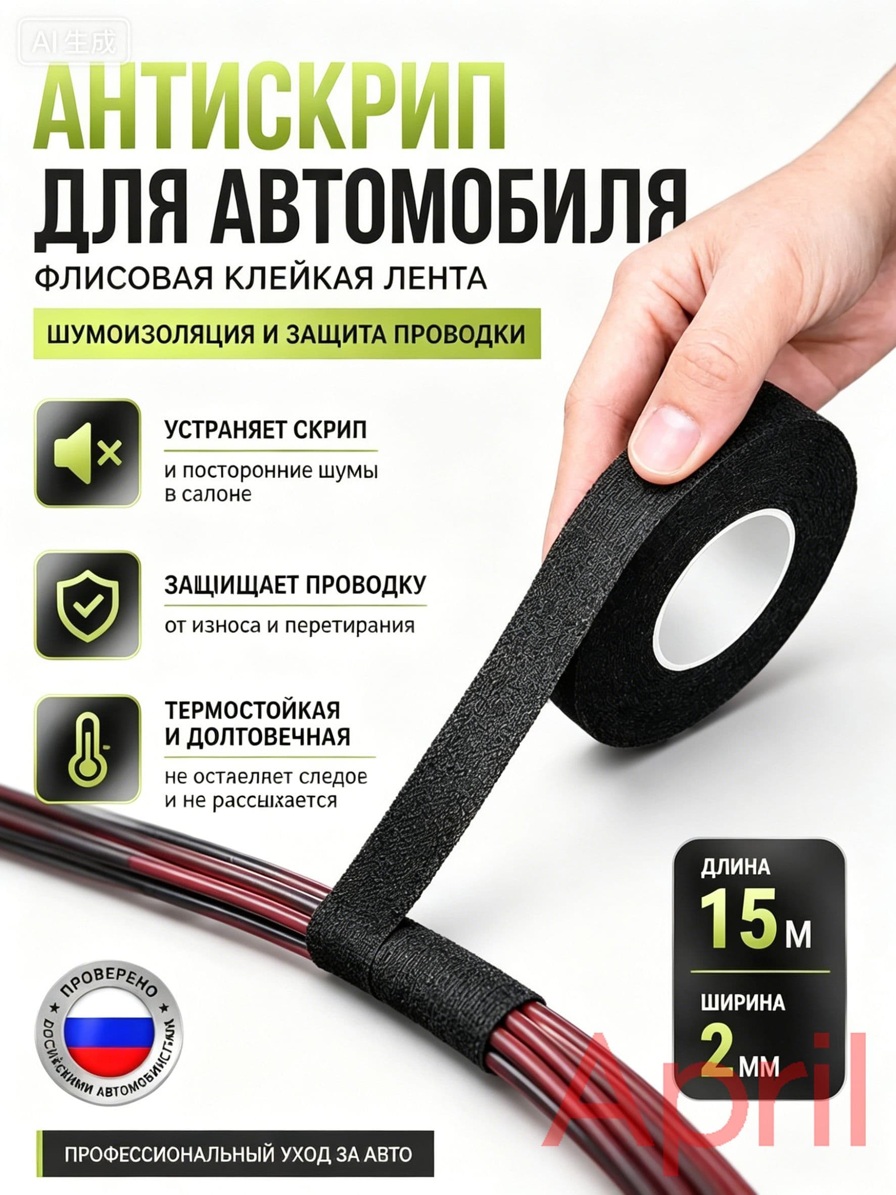 Антискрип автомобильный, 15 м, толщина: 2 мм, 1 шт.