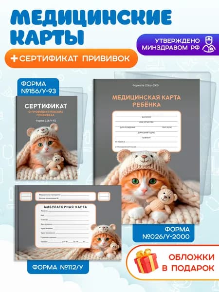Набор медицинская карта, амбулаторная карта, cертификат о прививках по форме 112/у + форма 026/у