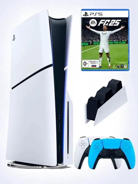 PS5 (ПС5) Игровая приставка Sony PlayStation 5 Slim +2-й геймпад(голубой)+зарядное+FIFA24, 1000ГБ