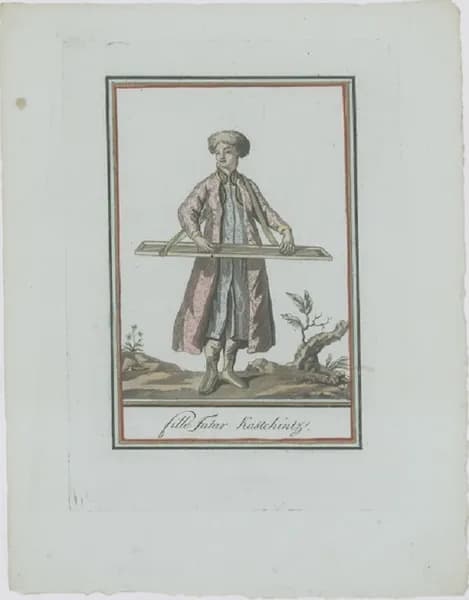Качинка (девушка). Антикварная гравюра (смешанная техника, ручная раскраска). Франция, 1796 год