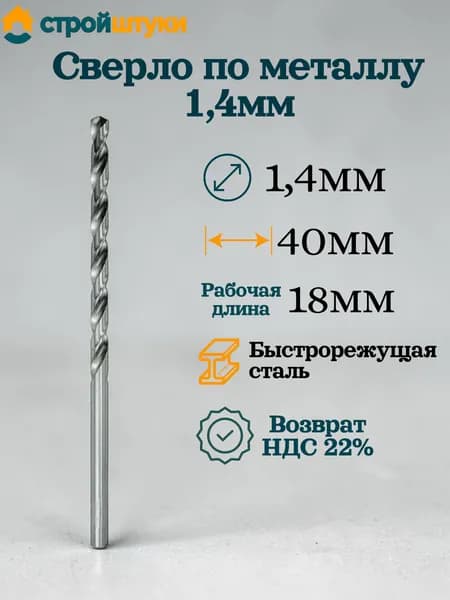 Сверло по металлу 1,4 мм, цилиндрический хвостовик Стройштуки
