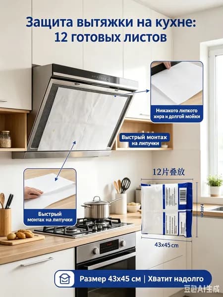 Фильтр для вытяжки, 43х45 см - сменная защита вытяжки на кухне от жира, нетканый материал на липучках