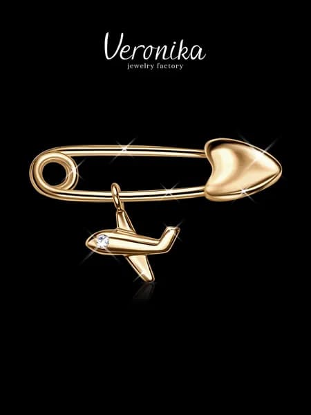 Брошь серебро 925 позолоченное Самолет с фианитом Veronika jewelry factory