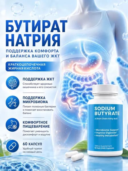Добавка для здоровья кишечника, капсулы с бутиратом и натрием, без ГМО, 60/120 капсул