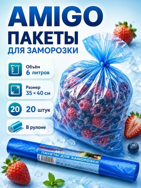 Пакеты для заморозки продуктов 6литров, 20ШТ, 35*40см Amigo