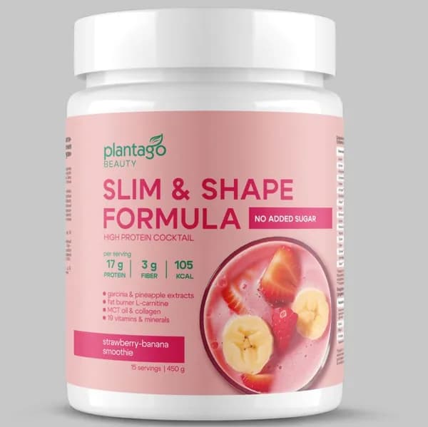 Протеиновый коктейль (Плантаго) Plantago Beauty для похудения Slim&Shape Formula - Клубнично-банановый смузи (банка 450 гр)