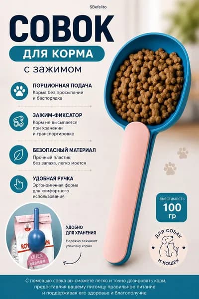 Совок для корма с зажимом 250 мл, мерная лопатка для собак и кошек, дозатор сухого питания, ложка-клипса для хранения упаковки, аксессуар для домашних животных SBefelito