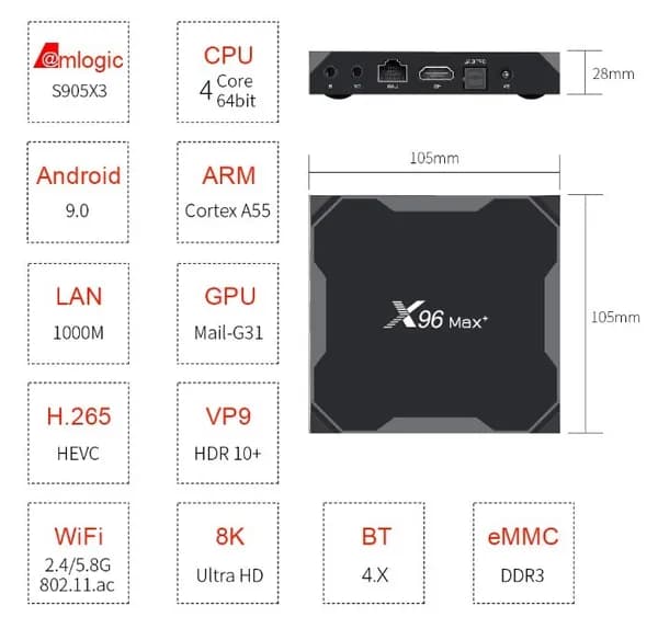 Приставка Смарт-ТВ X96 MAX Plus, 4G64G , Android 9,0, 4 ядра, Wi-Fi, 4K Keyboard