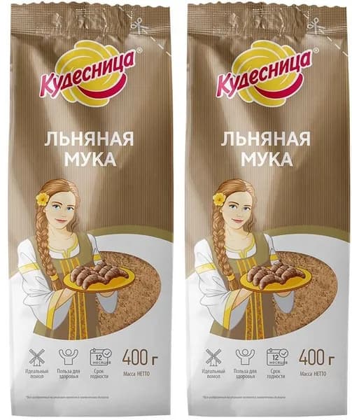 Мука. Кудесница мука льняная полуобезжиренная, содержит комплекс витаминов, протеины, полисахариды и клетчатку, 400 г. (2 шт.)