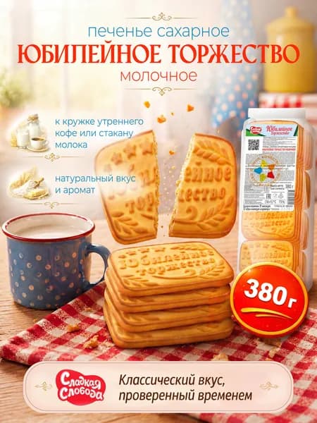 Печенье Юбилейное Торжество Молочное 380 гр /разрешено для питания детей с 3х лет /Сладкая слобода