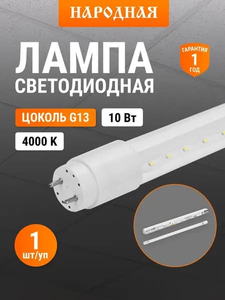 Лампа светодиодная НЛ-Т8-10 Вт-230 В-4000 К G13, 600 мм, прозрачная, стекло, серия "Народная" TDM Electric