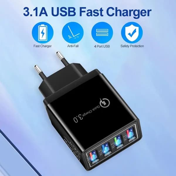 Четырёхпортовый USB-зарядное устройство с LED-подсветкой, европейский стандарт, чёрный цвет