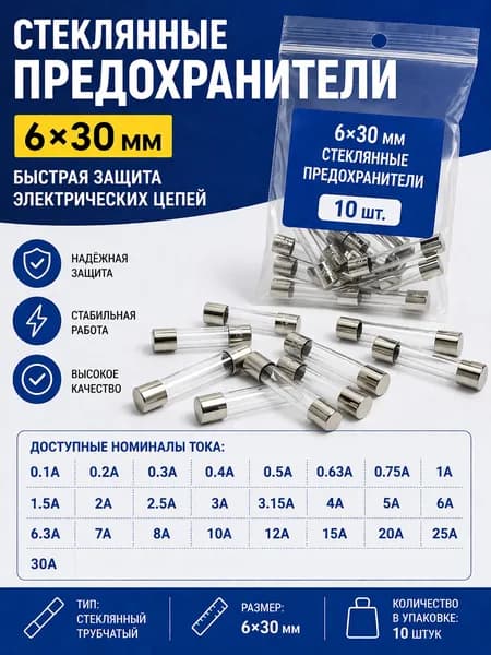Предохранитель стеклянный 6х30мм 10A 250В, F10AL250V плавкая вставка, комплект - 10шт