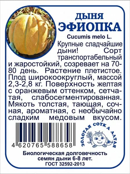 Дыня Эфиопка б/п /0,5 г/ среднеран. 2,3-2,8кг овальн-кругл.