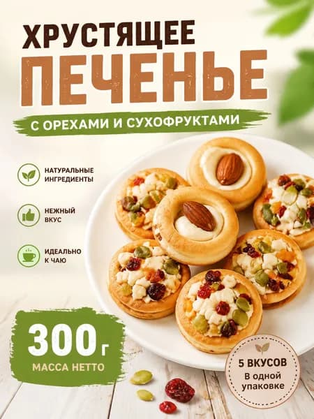 Хрустящее печенье с орехами и сухофруктами, ассорти 5 вкусов, 300 г