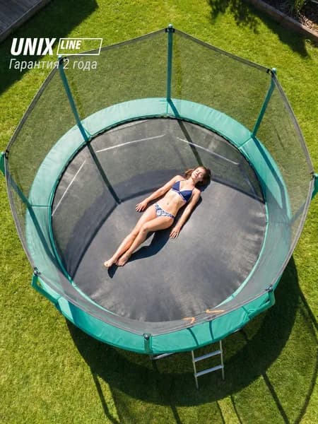 Батут каркасный UNIX Line Премиальный / Supreme Basic 12 ft, диаметр 366 см, вес до 150 кг, с внутренней защитной сетью, для дома и улицы, с лестницей в комплекте, зеленый