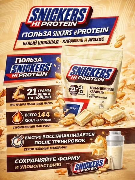 Сывороточный протеин Snickers protein Powder 875 г. (Сникерс белый шоколад)