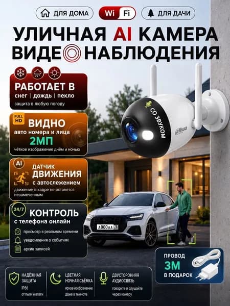 Камера видеонаблюдения WiFi уличная, Smart подсветка, Встроенный микрофон, защита IP67, поддержка карт памяти, ночной режим, датчики движения, звука, освещенности, 2 Мп - DH-IPC-F2CP-LED-0280B