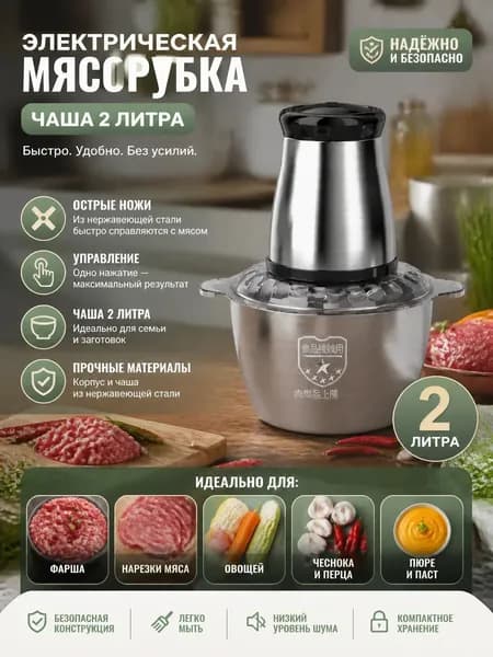 Компактная электрическая мясорубка с чашей 2 литра из нержавеющей стали, серебристый корпус, евро-вилка