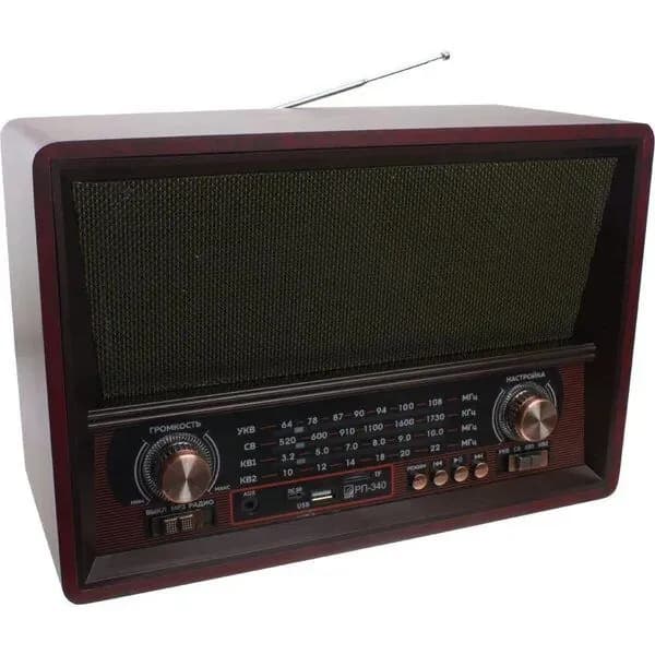 Радиоприемник аналоговый РЕТРО РП-340 коричневый, 5 Вт, Bluetooth, FM радио, USB micrоSD AUX, аккум., сеть, бат.