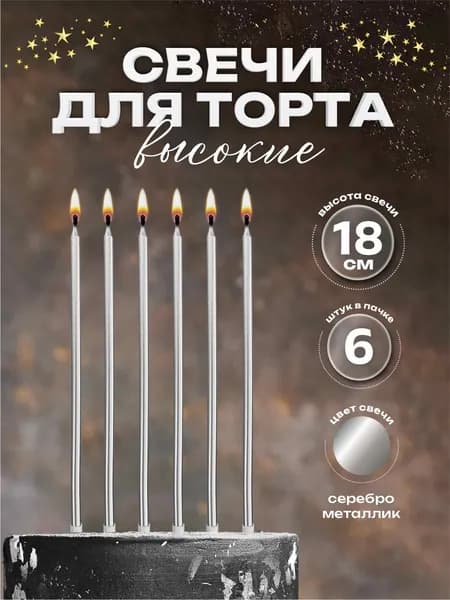 Свечи для торта серебро 19 см. 6 шт.