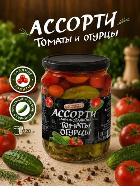Ассорти томаты и огурцы маринованные Домашние разносолы.