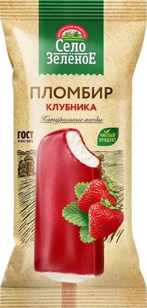 Мороженое СЕЛО ЗЕЛЁНОЕ Пломбир с ароматом клубники во фруктовой глазури 15%, без змж, эскимо, 70г4шт