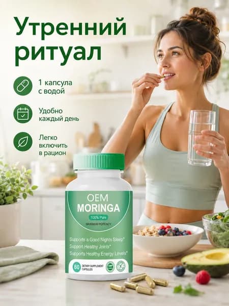 Капсулы Моринга 100% чистая, 60 шт, пищевая добавка для энергии и суставов