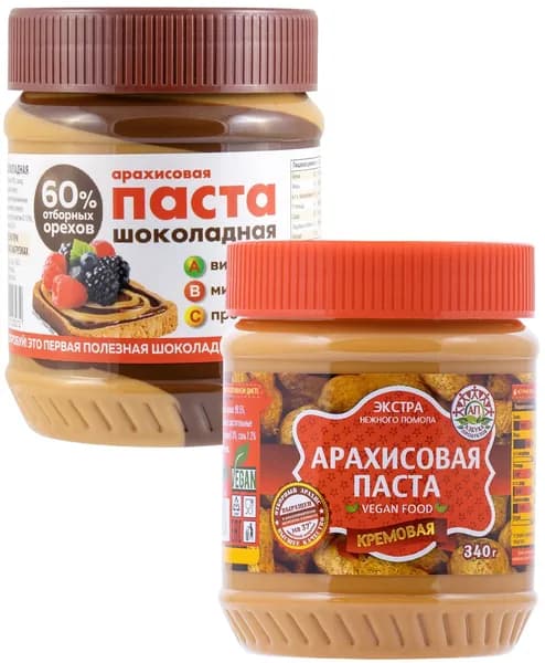 Арахисовая паста Шоколадная, Кремовая ассорти 340 г * 2 шт