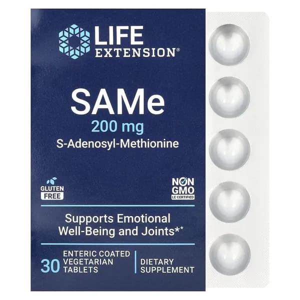 Life Extension, SAMe, S-аденозилметионин, 200 мг, 30 вегетарианских кишечнорастворимых таблеток