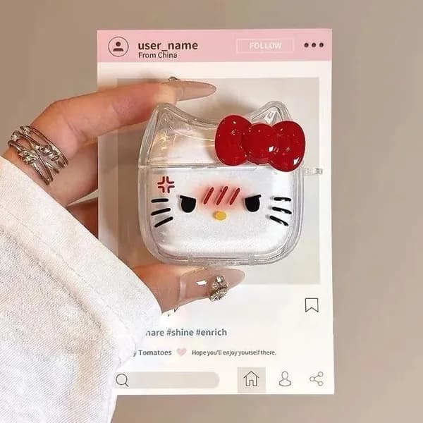 AirPods Pro/ AirPods Pro2 чехол с кошачьими ушками и сердитой Hello Kitty, с брелоком-котенком