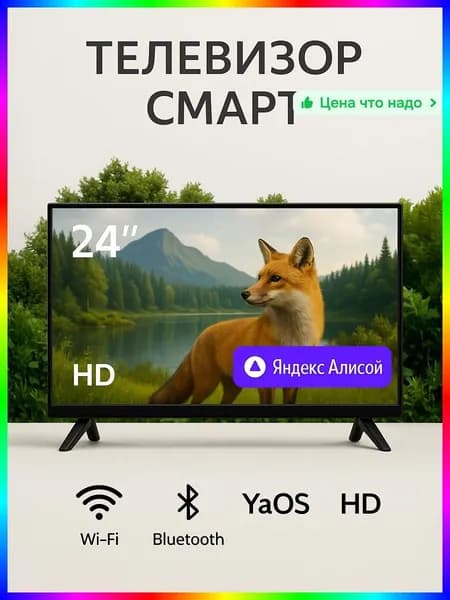 Телевизор с Яндекс Алисой 24″ HD, черный