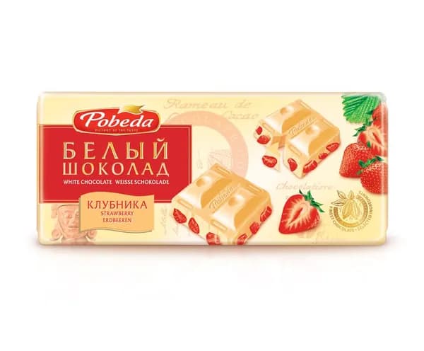 Шоколад Победа вкуса белый с кусочками клубники, 100г