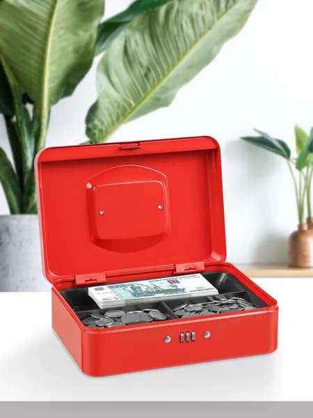 Ящик для денег SAFEBURG Keeper-25C Red Gloss сейф/тайник/коробка для денег, ценностей, документов, печатей, 25х18х9см, кодовый замок, 3 отделения, красный
