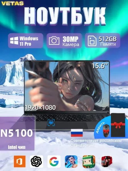 VETAS ноутбук игровые/ноутбук для работы Система Windows активирована игровые ноутбуки Игровой ноутбук 15.6", Intel Celeron N5100, RAM 16 ГБ, SSD 512 ГБ, Intel UHD Graphics, Windows Pro, серебристый, Русская раскладка