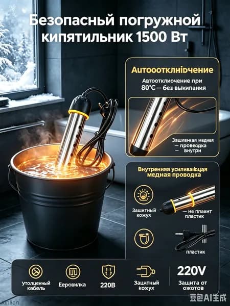 Водонагреватель погружной электрический, 1500 Вт-черный-кипятильник-с-автоотключением, для нагрева воды в ванне и ведре, безопасный нагреватель с защитным кожухом.